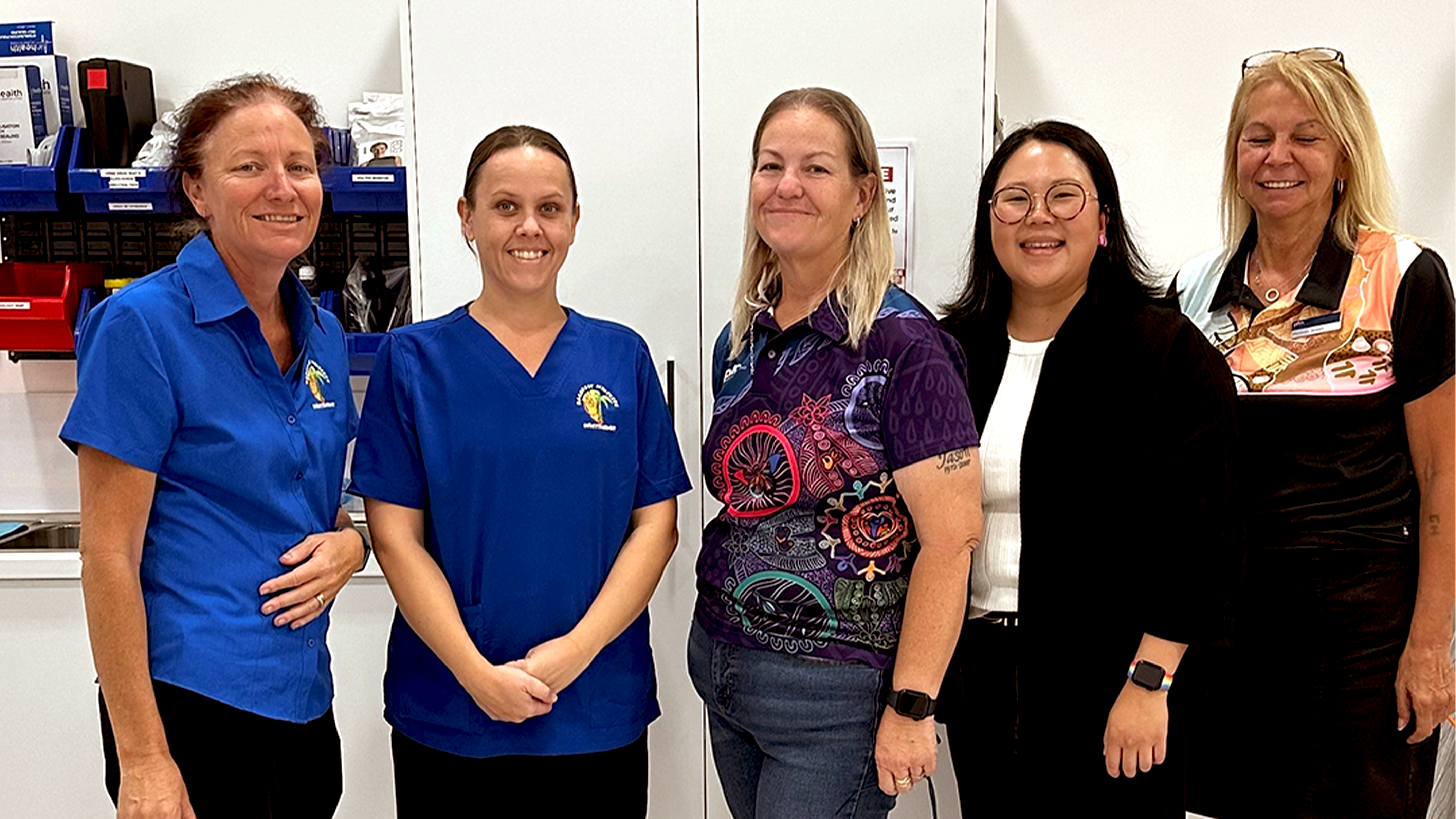 Barefoot Medicine Whitsundays Practice Manager Bel Gater (left) and team member Kayla Smith, pictured with NQPHN's Senior Primary Care Engagement Officer Debra Davis, Precedence Health Care representative Emma Walker, and NQPHN's Indigenous Health Project Officer Melinda Green.