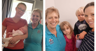Left: Melanie visiting Michelle and her newborn. Right: Melanie pictured with Casey, her two children, and another on the way