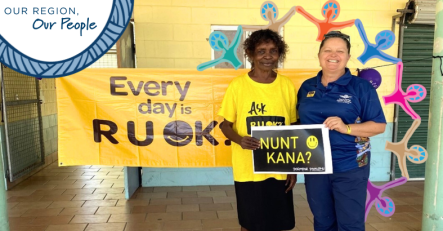  Pormpuraaw Elder Aunty Barbara Foote with RFDS (Queensland section) Senior Mental Health Clinician Josie King.