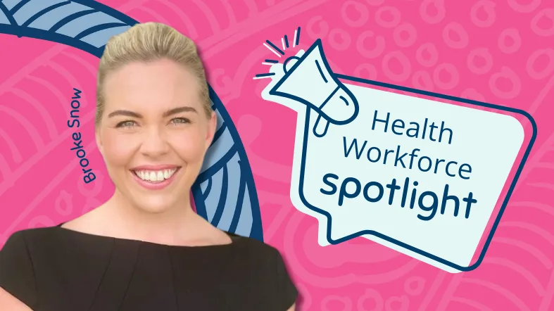 NQPHN's Health Workforce Spotlight question and answer - Woman with blonde hair with a big smile and black top on a pink background with the words "health workforce spotlight" in a bubble.