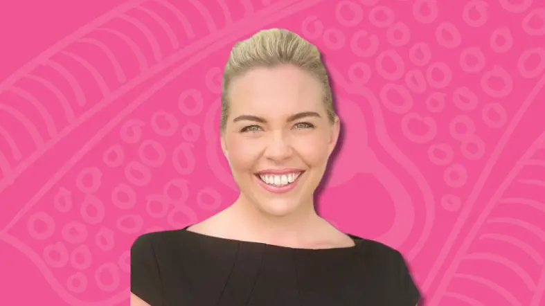 NQPHN's Health Workforce Spotlight question and answer - Woman with blonde hair with a big smile and black top on a pink background with the words "health workforce spotlight" in a bubble.