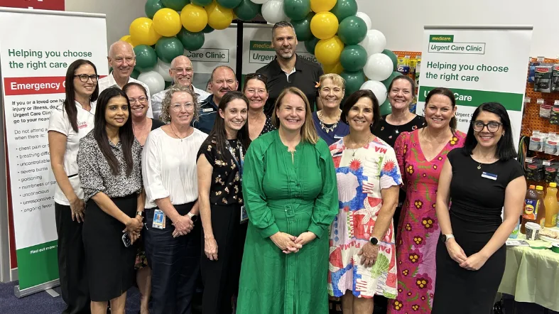 Representatives from NQPHN, Cairns and Hinterland Hospital and Health Service, Queensland Ambulance Service, Smithfield Central Doctors (operated by Partnered Health) and Alive Warehouse Pharmacy pictured with Matt Smith MP (at back) and Senator for Queensland the Hon Nita Green (in front) at the Cairns North Medicare Urgent Care Clinic opening.